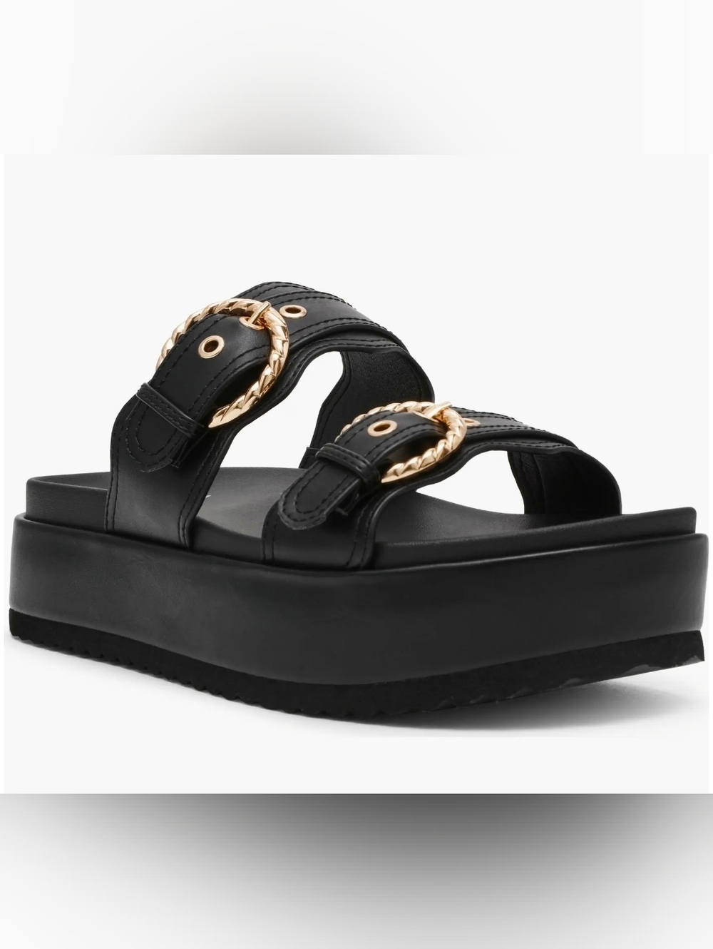 Dolce Vita Black Platform Slide Sandals with Gold Buckles